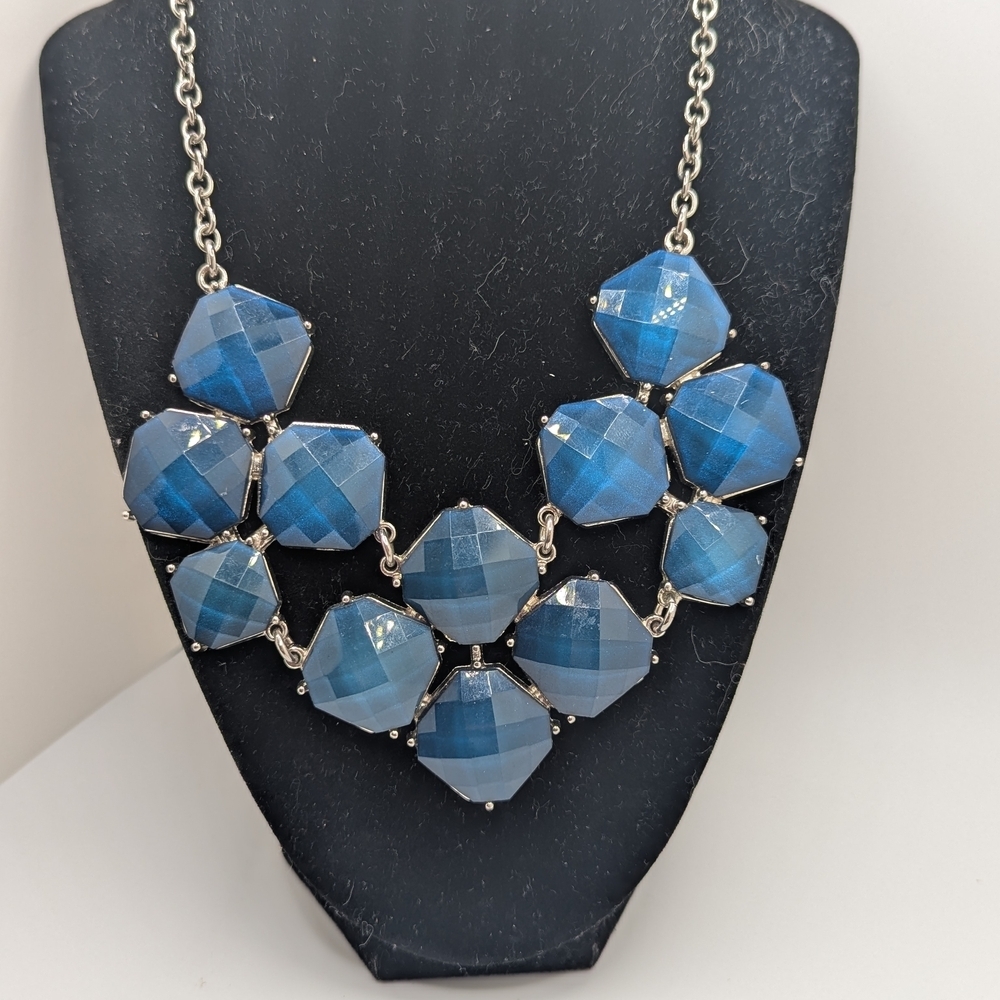 NY Bib Statement Necklace GT Chain with Blue Faceted Cabs 18"+Ext
